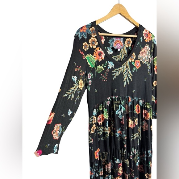 Johnny Was Bamboo Dress Small Ardell 3/4 Sleeve Tiered Black Floral Large - Picture 6 of 8